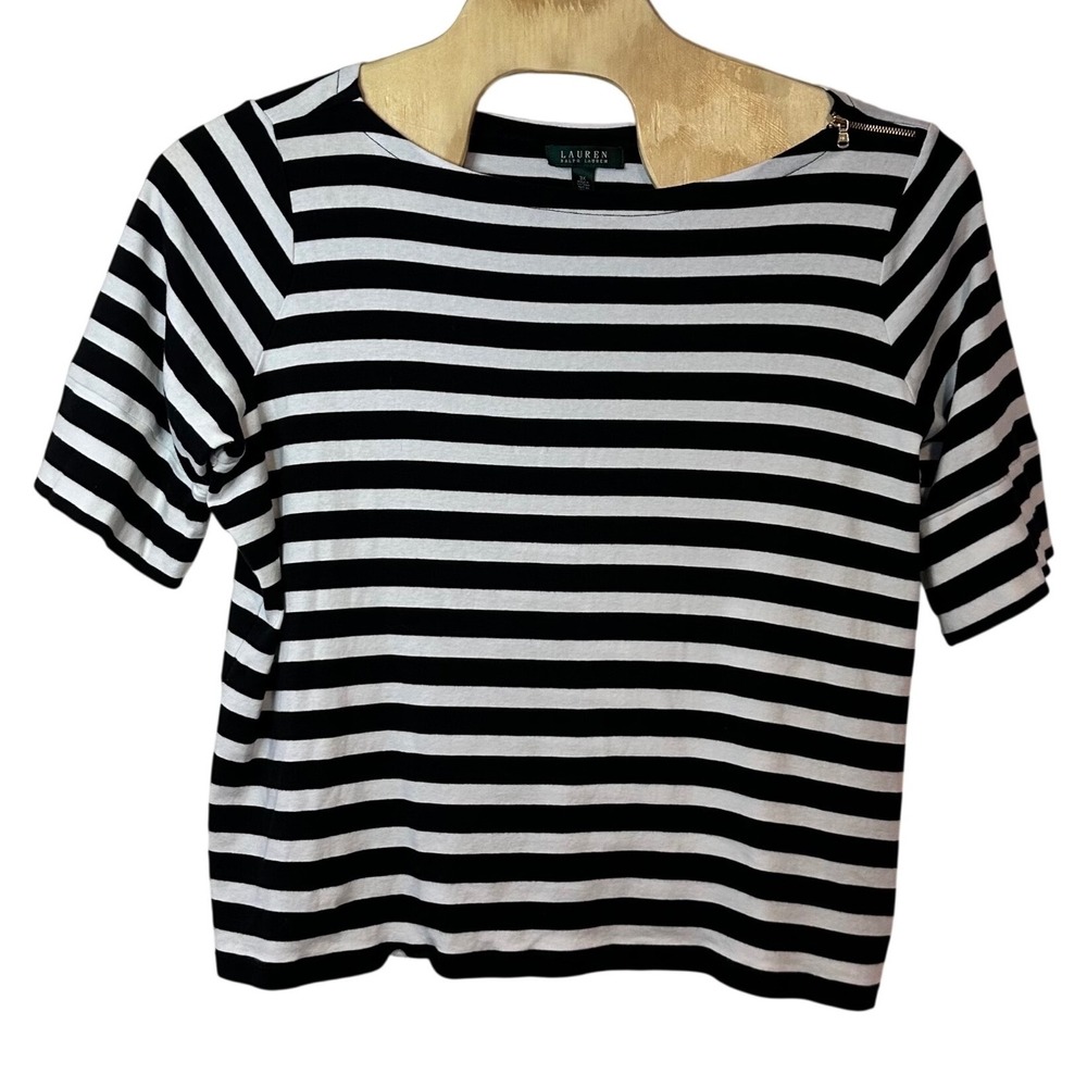 Lauren Ralph Lauren Women's Boatneck Striped T-Shirt Size 3X Gold Zipper Detail